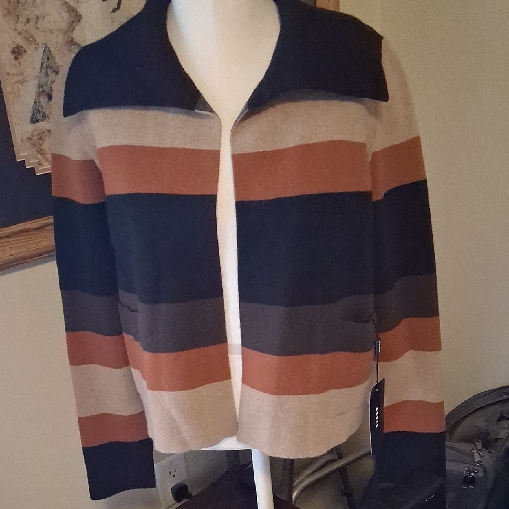 Akris 100% Cashmere Black, Brown, and Tan Striped Blazer